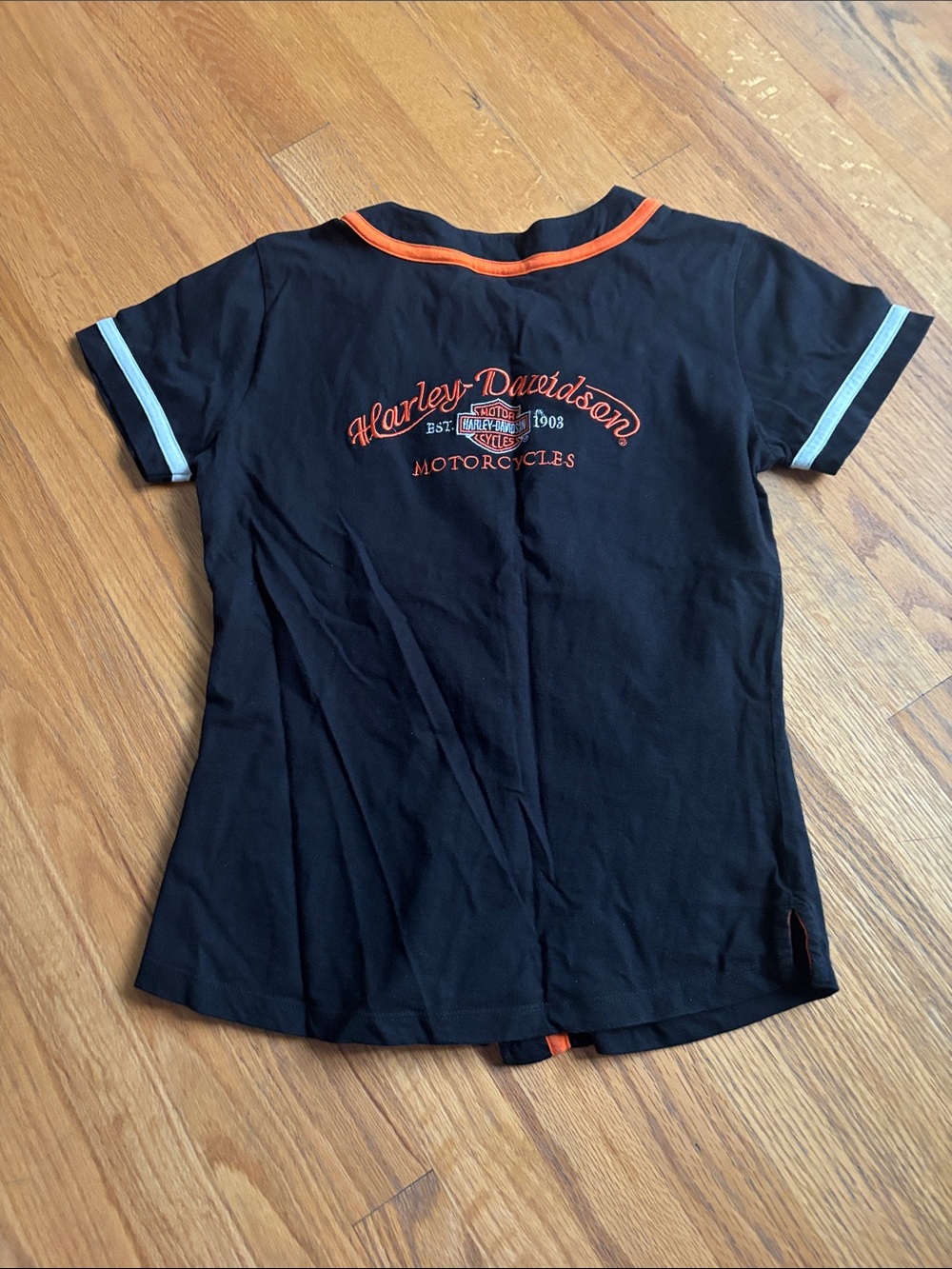 Harley-Davidson Black Tee with Orange Trim and White Sleeve Stripes